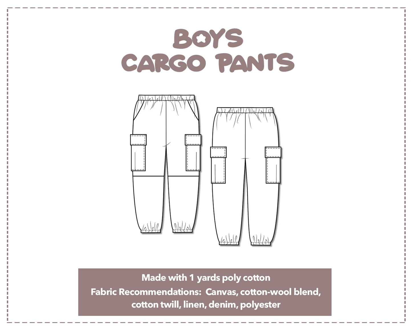 Illustration and detailed description for Boys Cargo Pocket Pants sewing pattern.