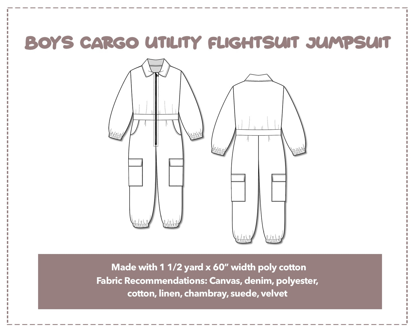 Illustration and detailed description for Boys Cargo Utility Flightsuit Jumpsuit sewing pattern.