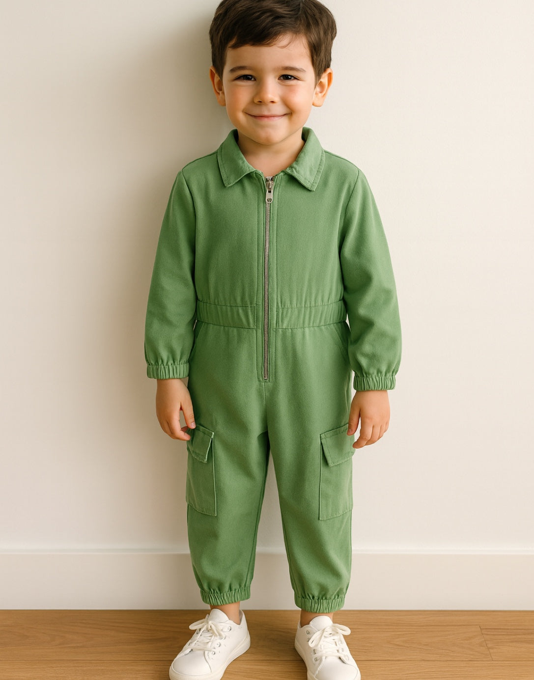 Front view of Boys Cargo Utility Flightsuit Jumpsuit.