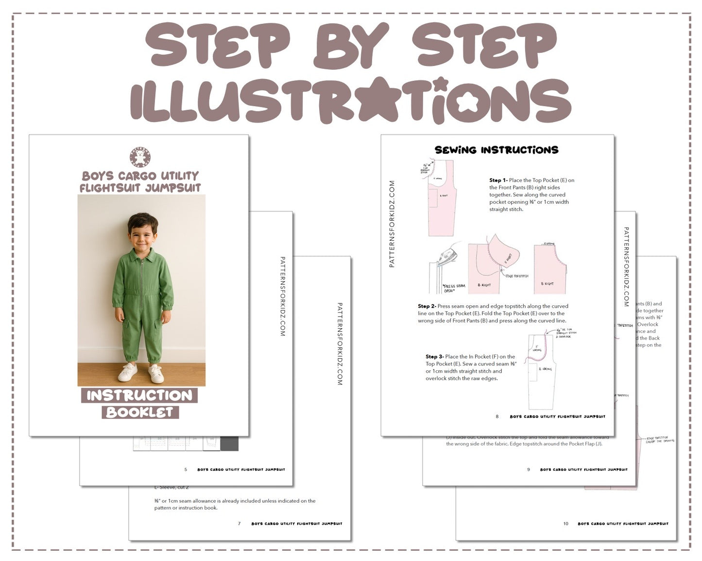 Boys Cargo Utility Flightsuit Jumpsuit sewing pattern step by step illustrations.