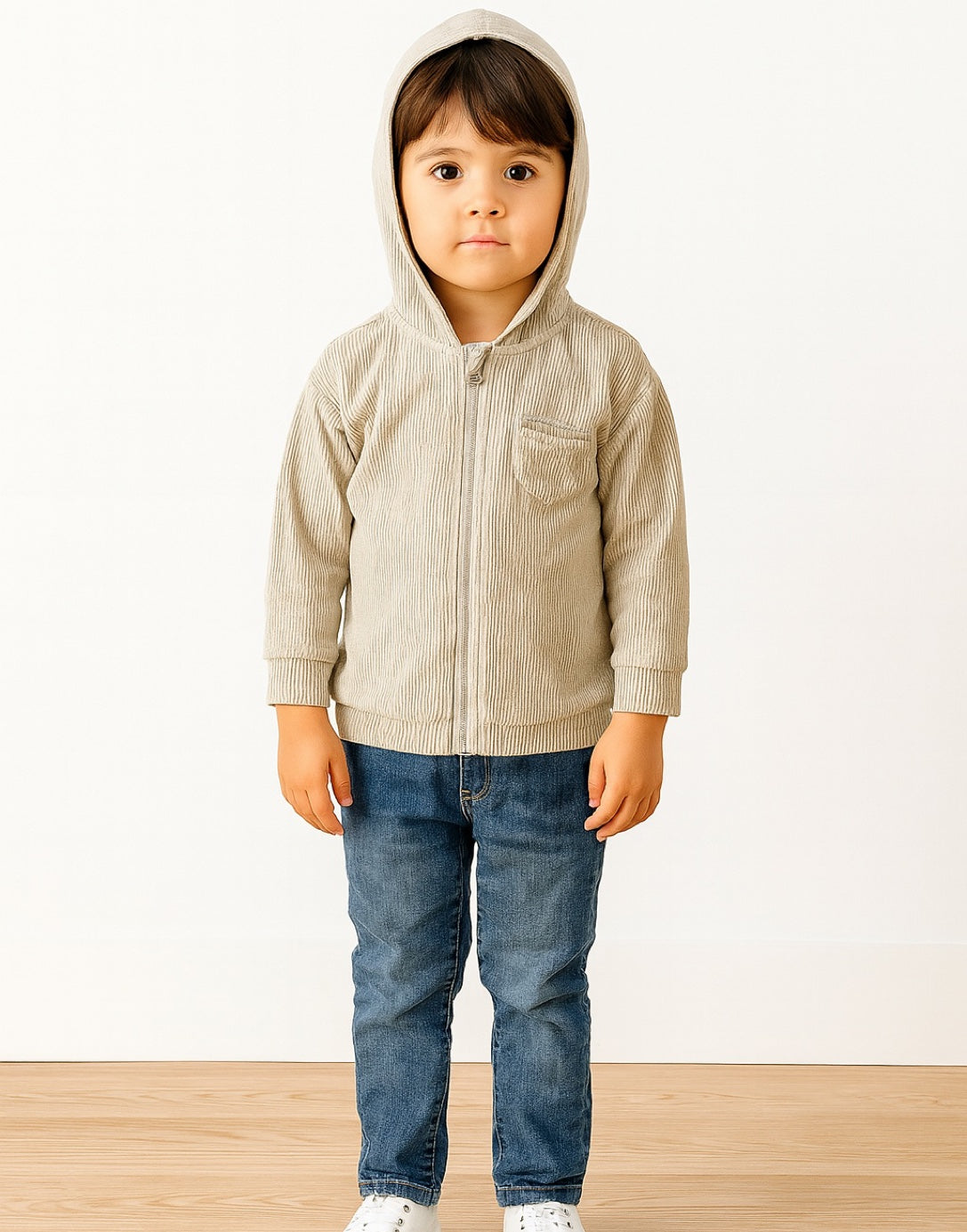 Child wearing a beige Boys Zip Up Hoodie Jacket and blue jeans on a white background