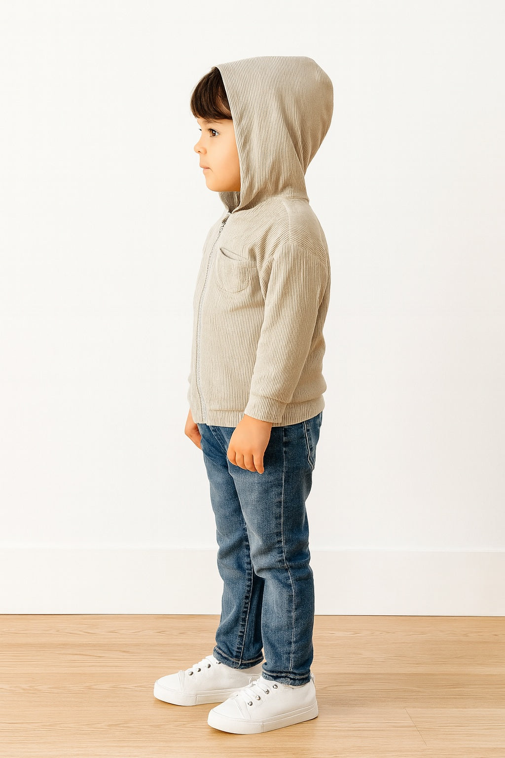 Side view of child wearing a beige Boys Zip Up Hoodie Jacket, blue jeans, and white sneakers on a plain background.