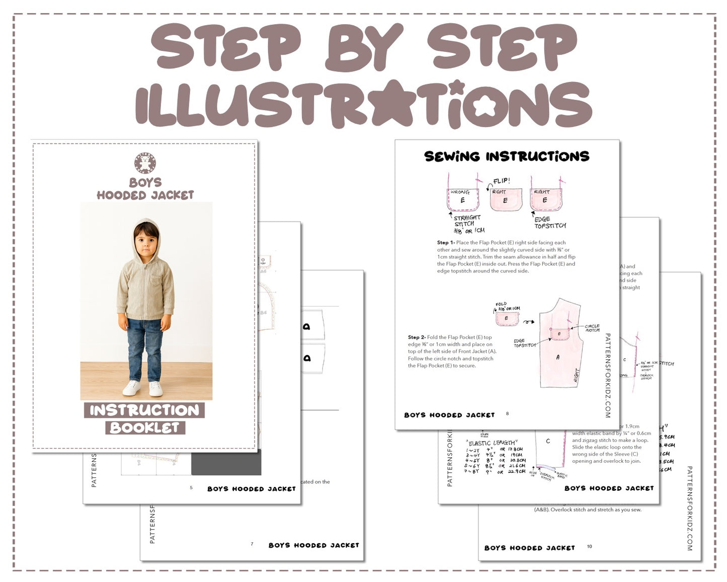 Boys Zip Up Hoodie Jacket sewing pattern instruction booklet showing step by step illustrations to make the garment.