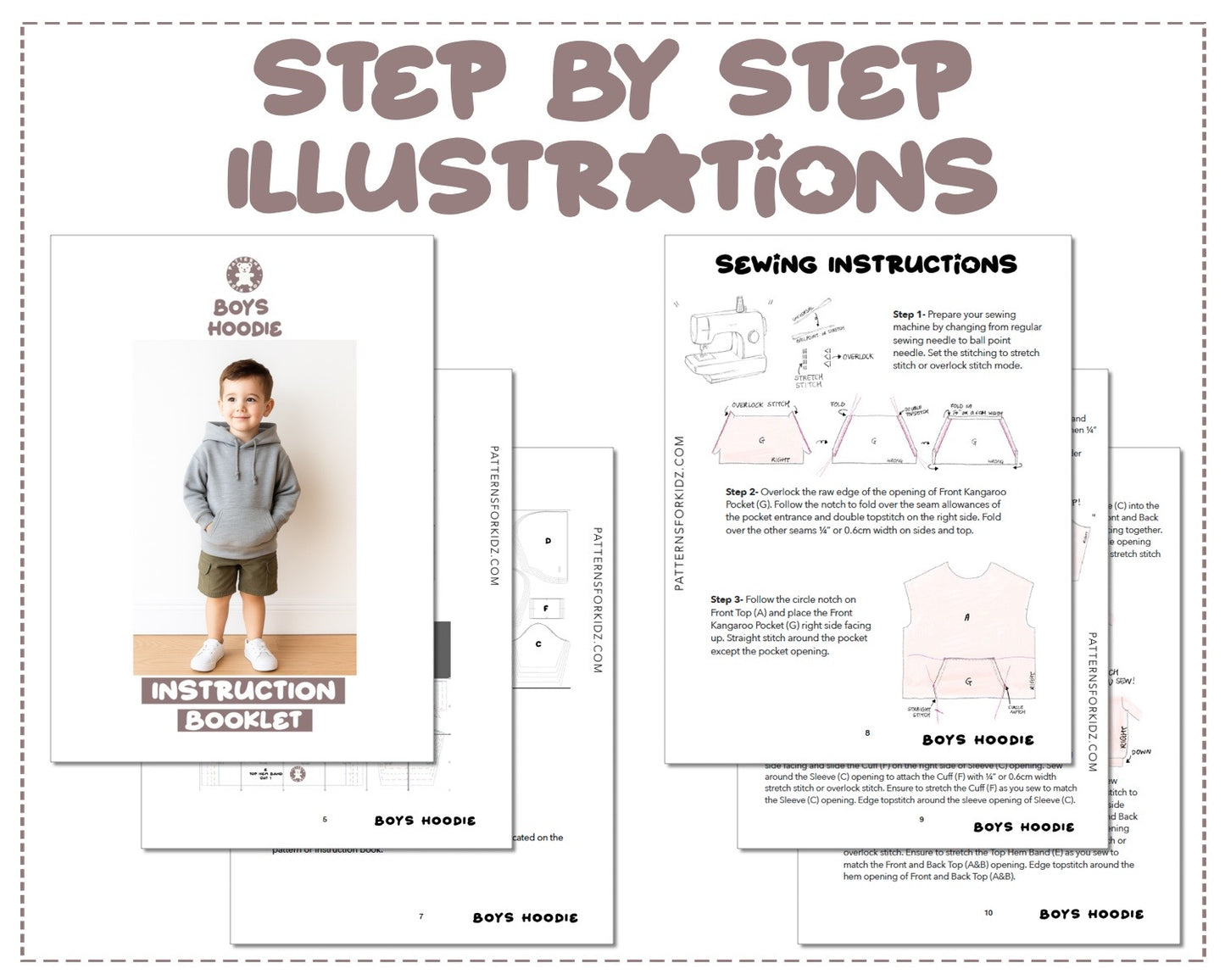 Girls Hoodie sewing pattern step by step illustrations.