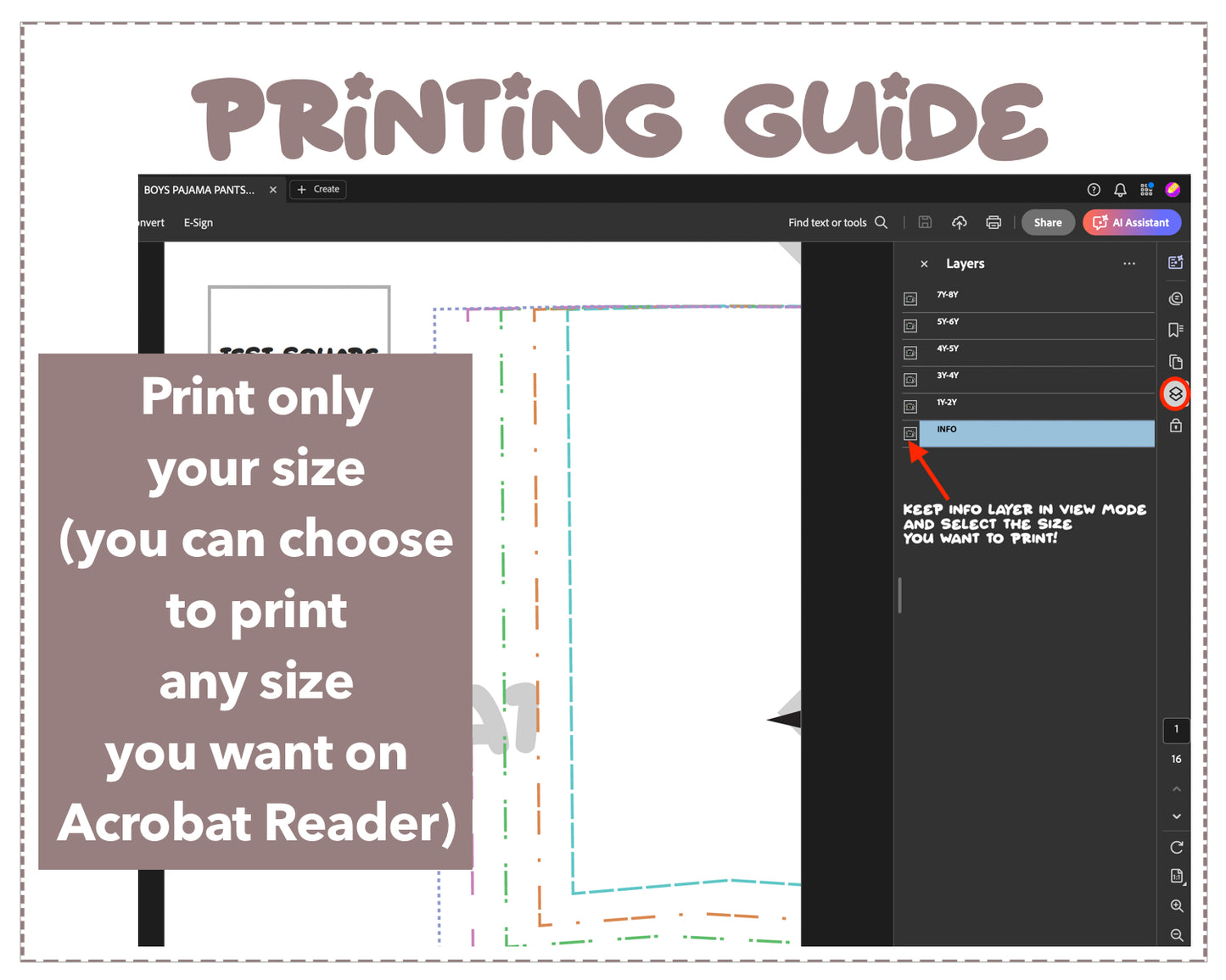 Boys Pajama Pants sewing pattern printing guide.