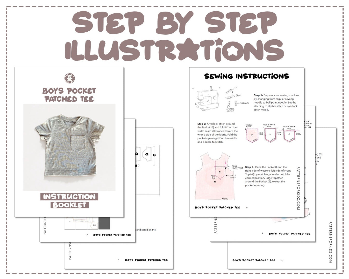 Boys Pocket Patched Tee sewing pattern step by step illustrations.
