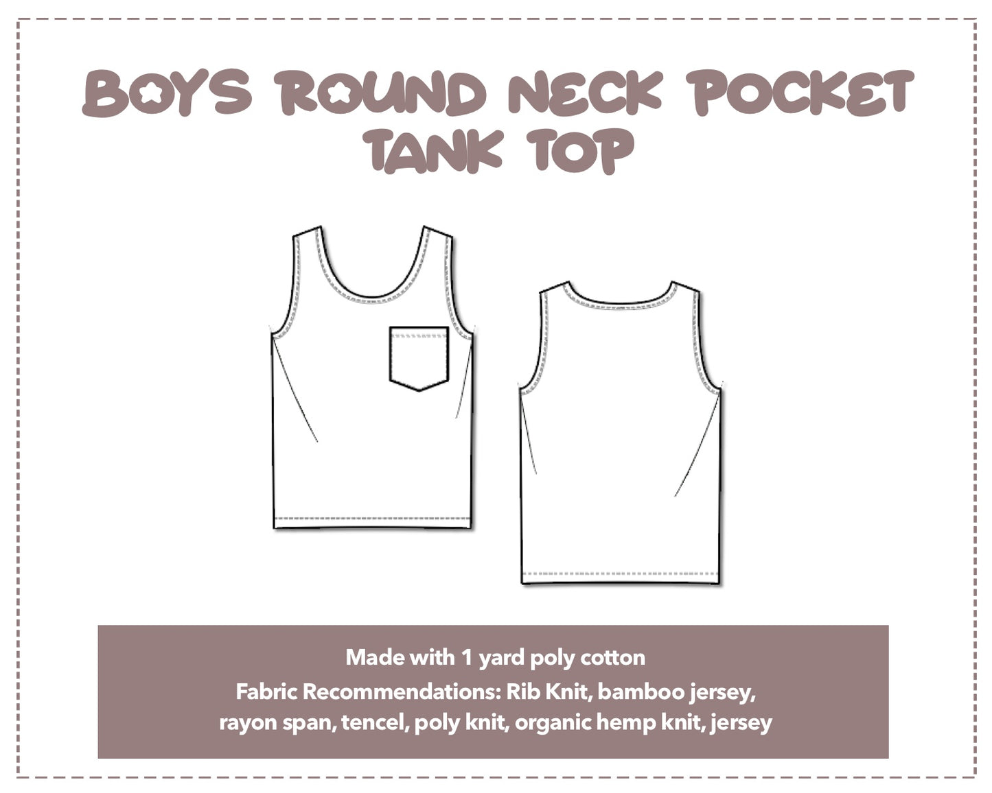 Illustration and detailed description for Boys Round Neck Pocket Tank Top sewing pattern.