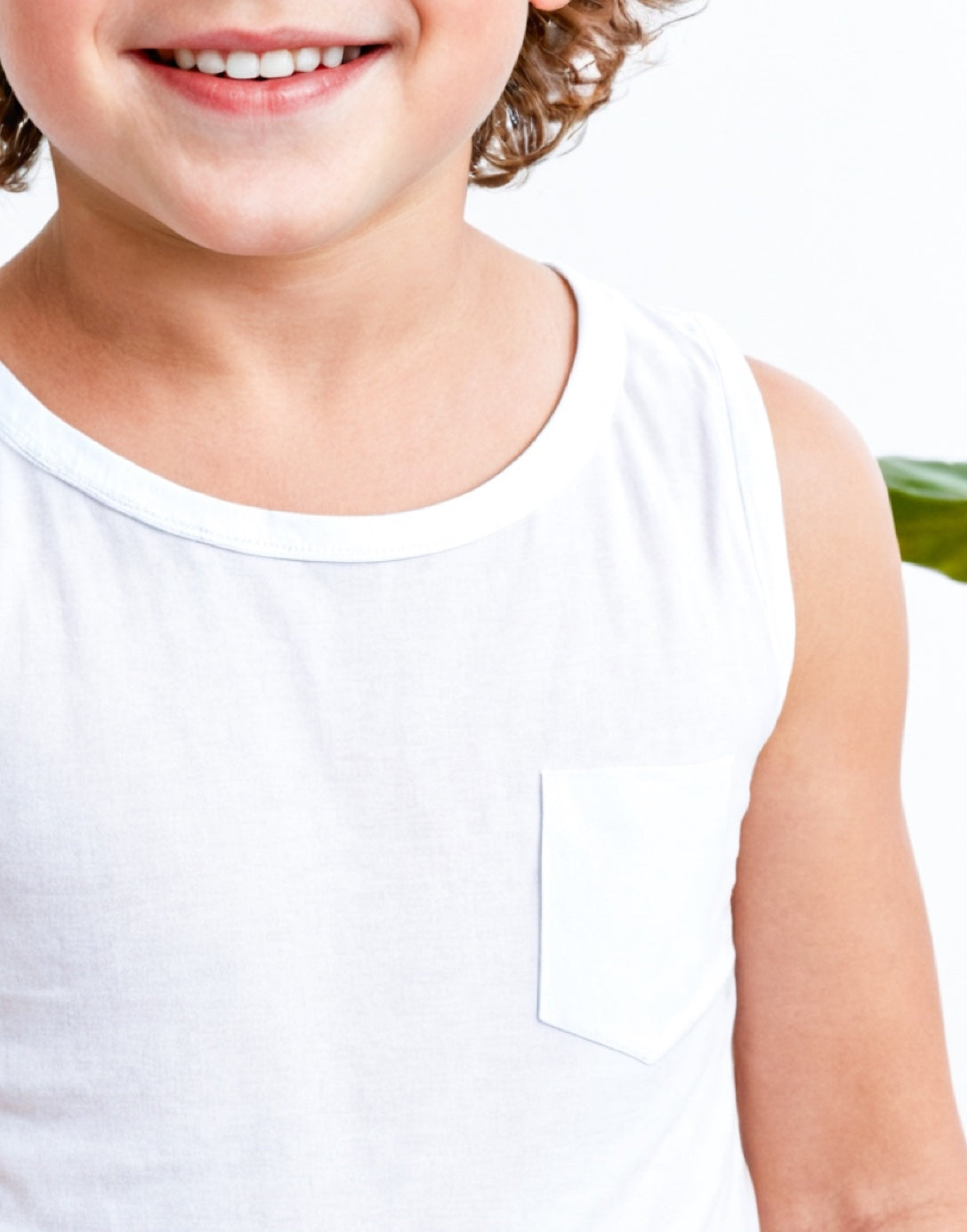 Closeup of Boys Round Neck Pocket Tank Top.