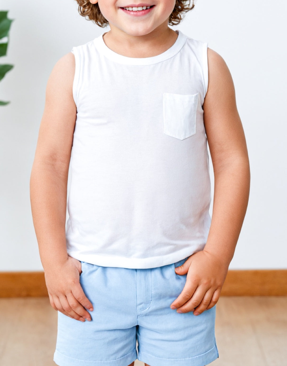 Front view of Boys Round Neck Pocket Tank Top.