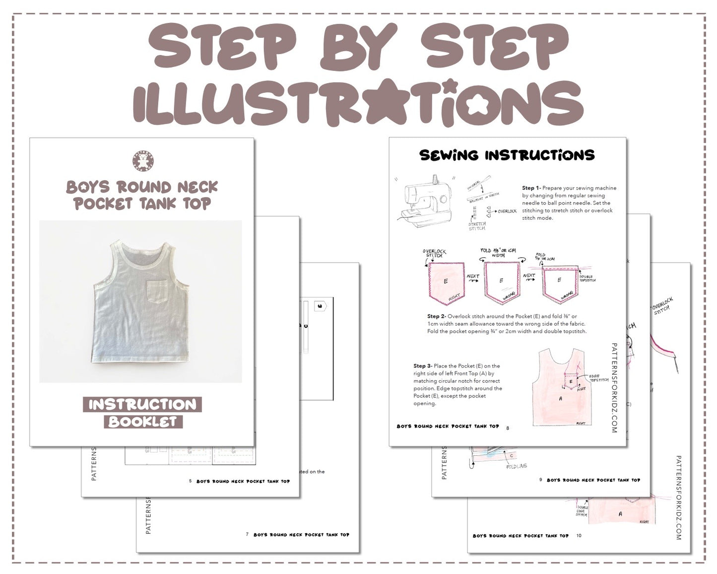 Boys Round Neck Pocket Tank Top sewing pattern step by step illustrations.