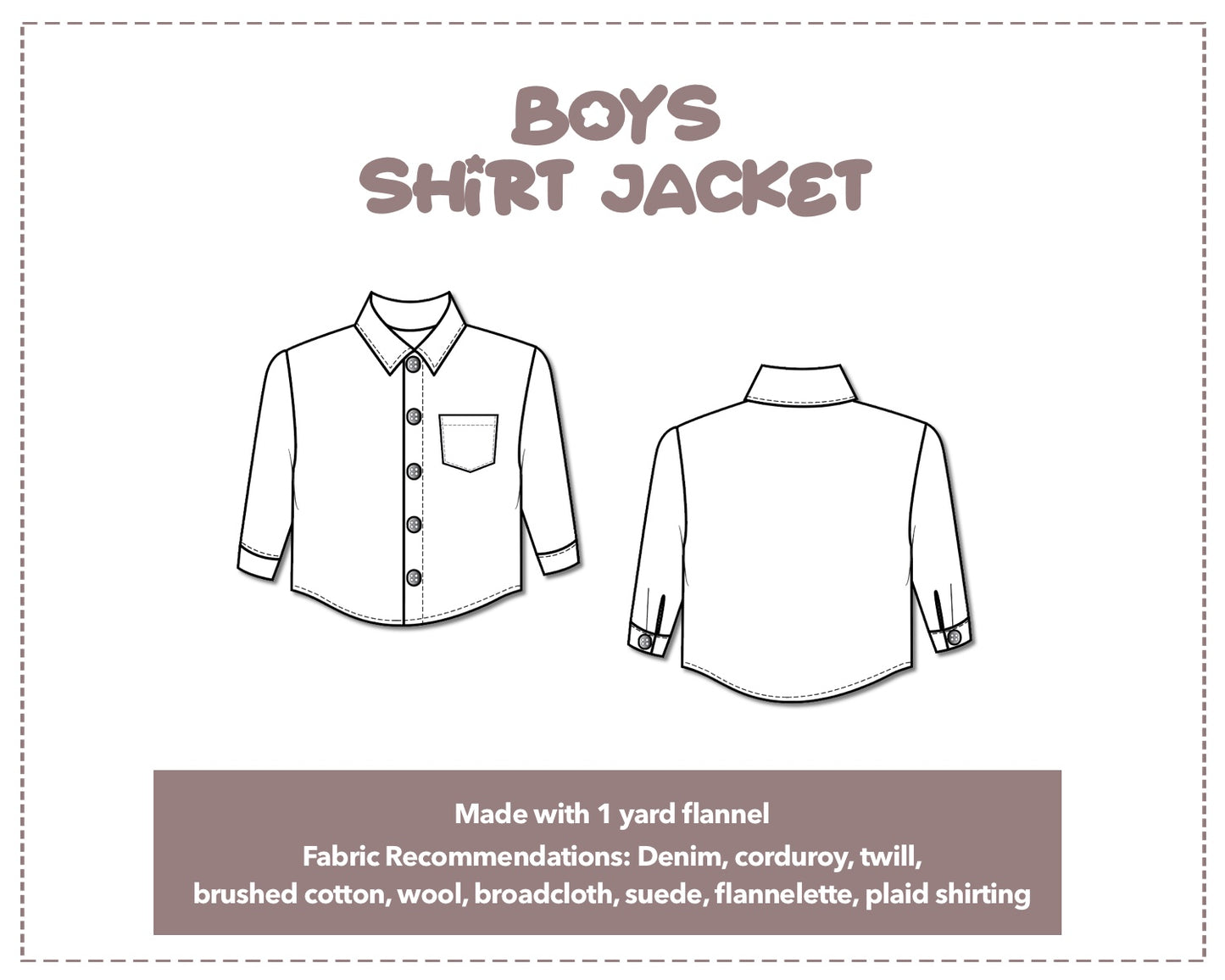 Illustration and detailed description for Boys Shirt Jacket sewing pattern.