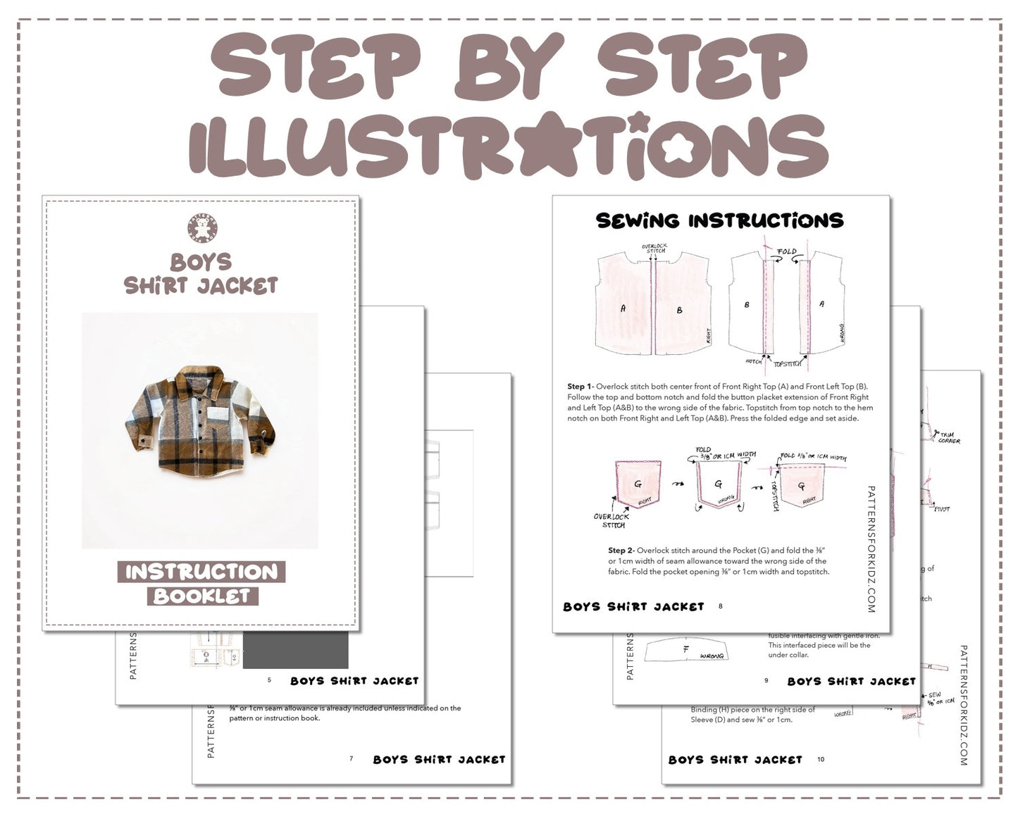 Boys Shirt Jacket sewing pattern step by step illustrations.
