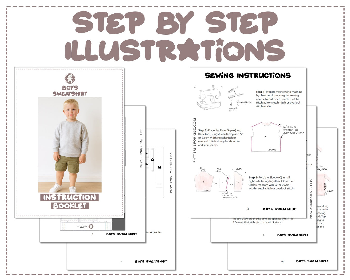 Boys Sweatshirt sewing pattern instruction booklet showing step by step illustrations to make the garment.