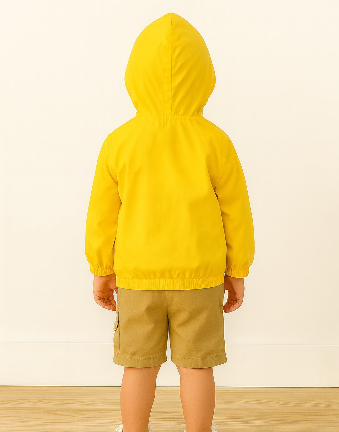 Back view of child wearing a yellow Windbreaker Jacket with a blurred white background.