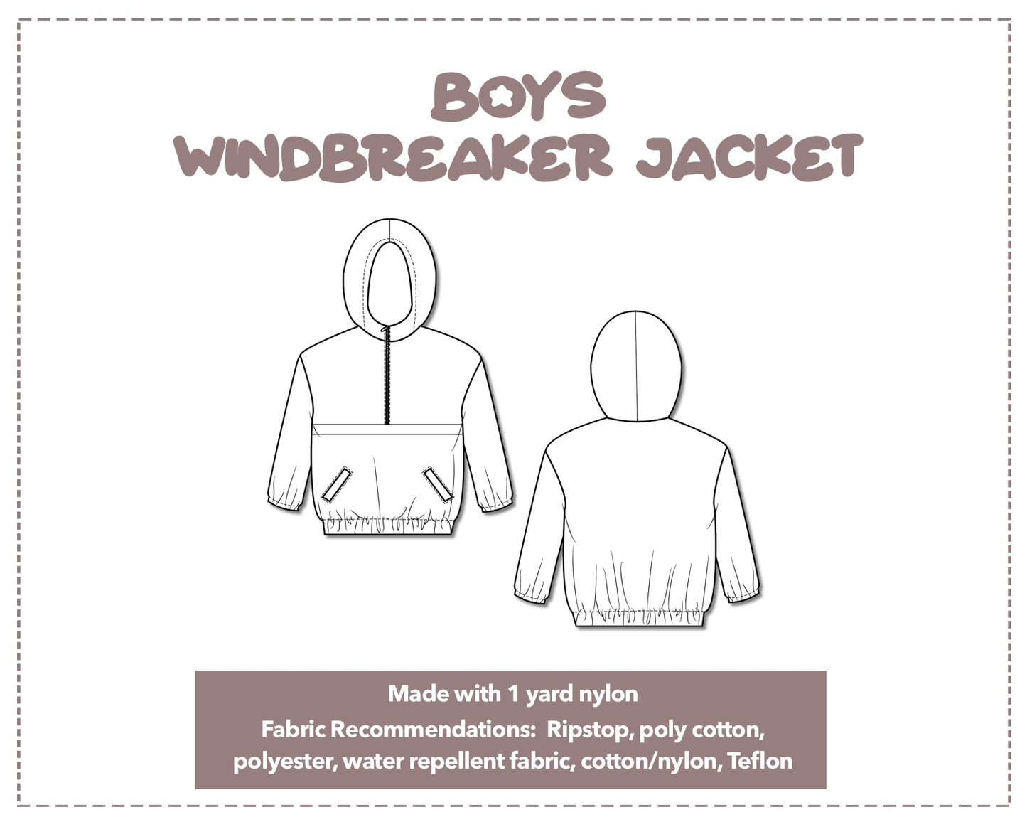 Illustration and detailed description for Boys Windbreaker Jacket sewing pattern.
