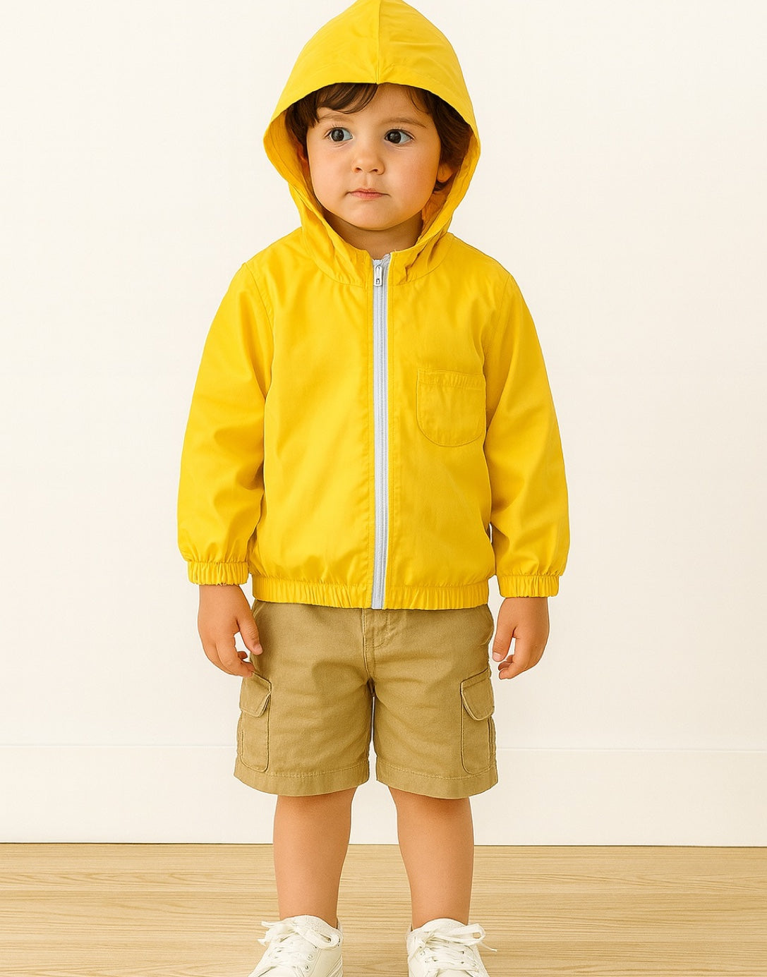 Child wearing a yellow Windbreaker Jacket on a plain background