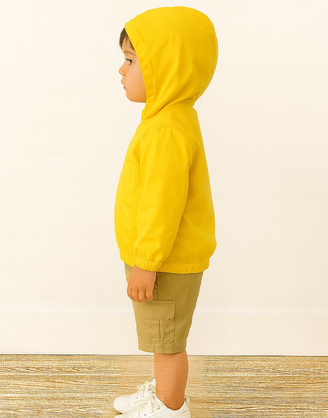 Side view of child wearing a yellow Windbreaker Jacket and beige shorts on a wooden floor with a light-colored wall background