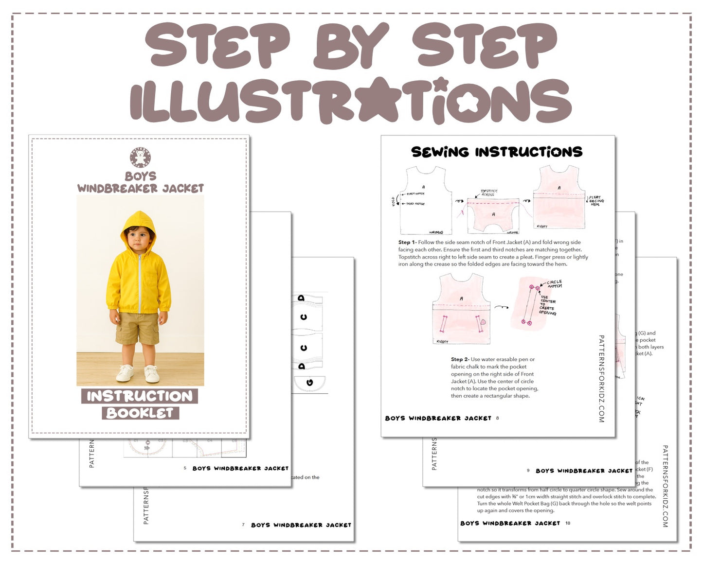 Boys Windbreaker Jacket sewing pattern instruction booklet showing step by step illustrations to make the garment.