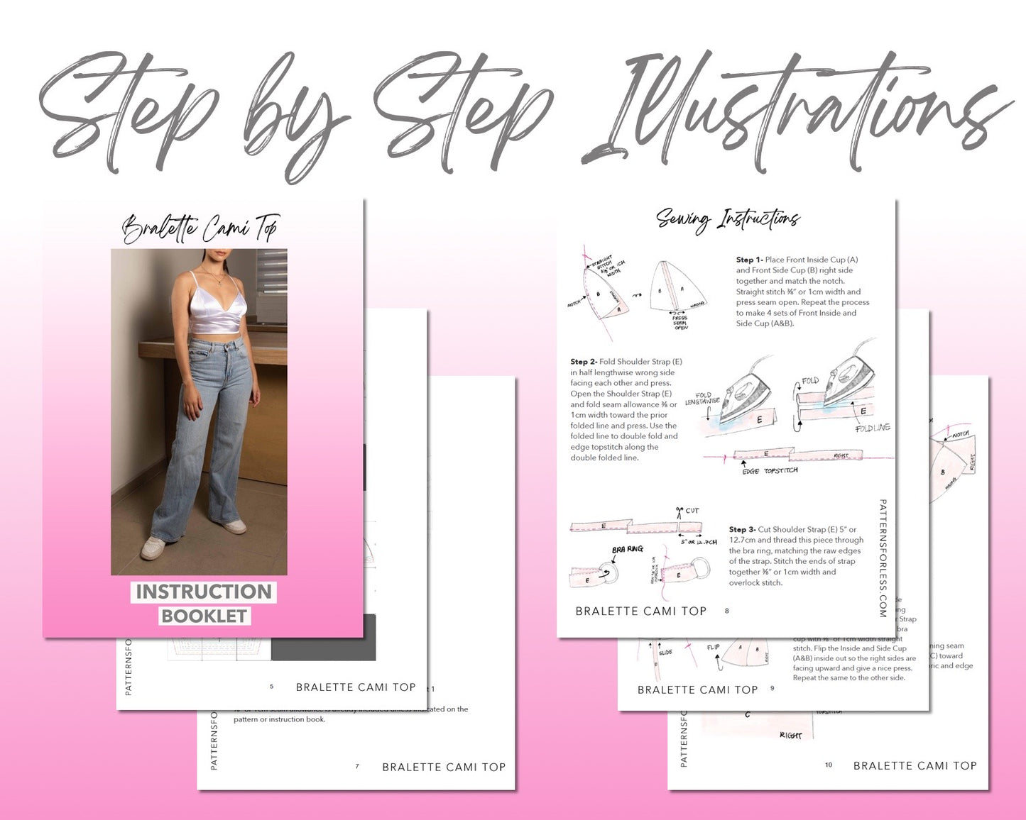 Bralette Cami Top sewing pattern step by step illustrations.