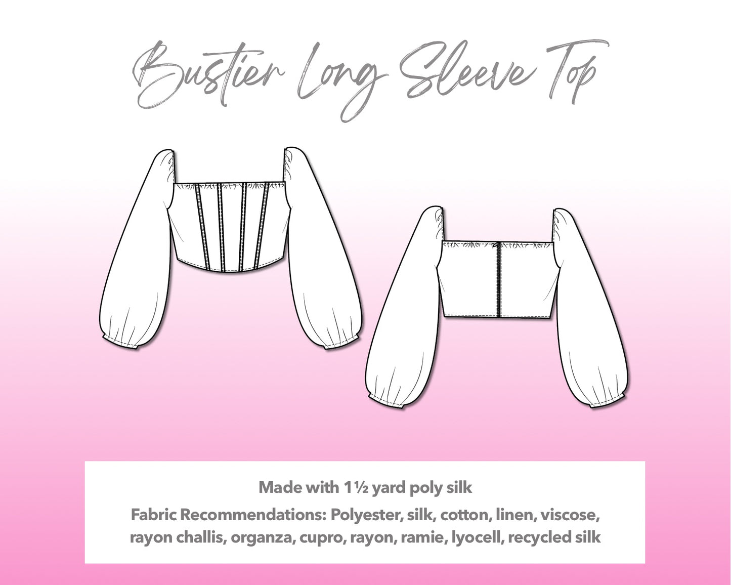 Illustration and detailed description for Bustier Long Sleeve Top sewing pattern.