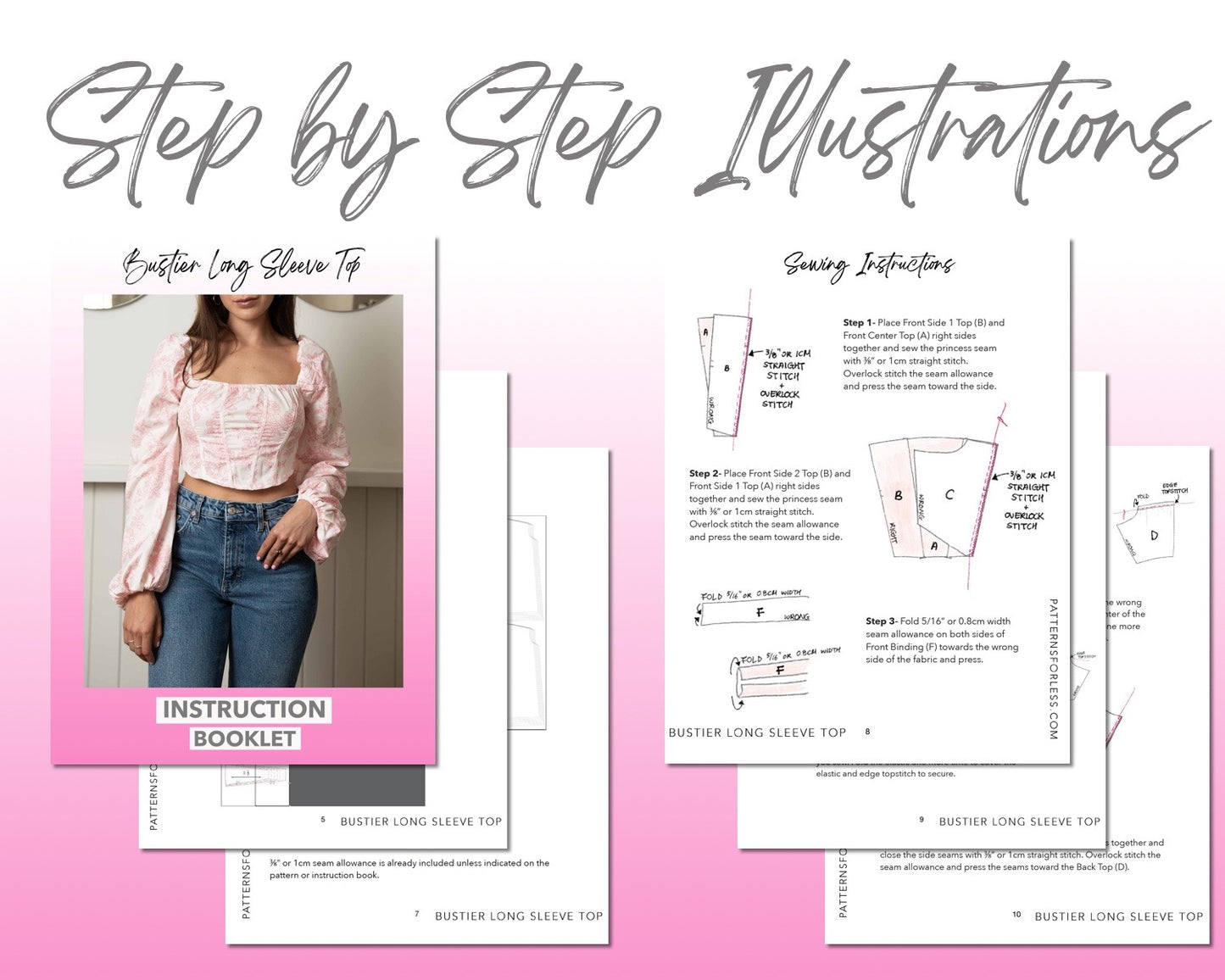 Bustier Long Sleeve Top sewing pattern step by step illustrations.