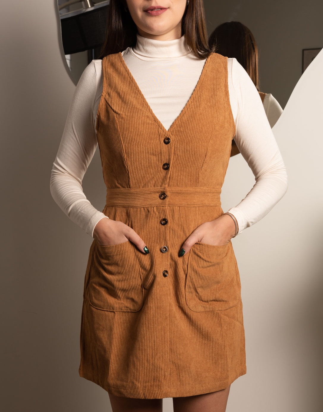 Closeup of Button Down Overall Dress.