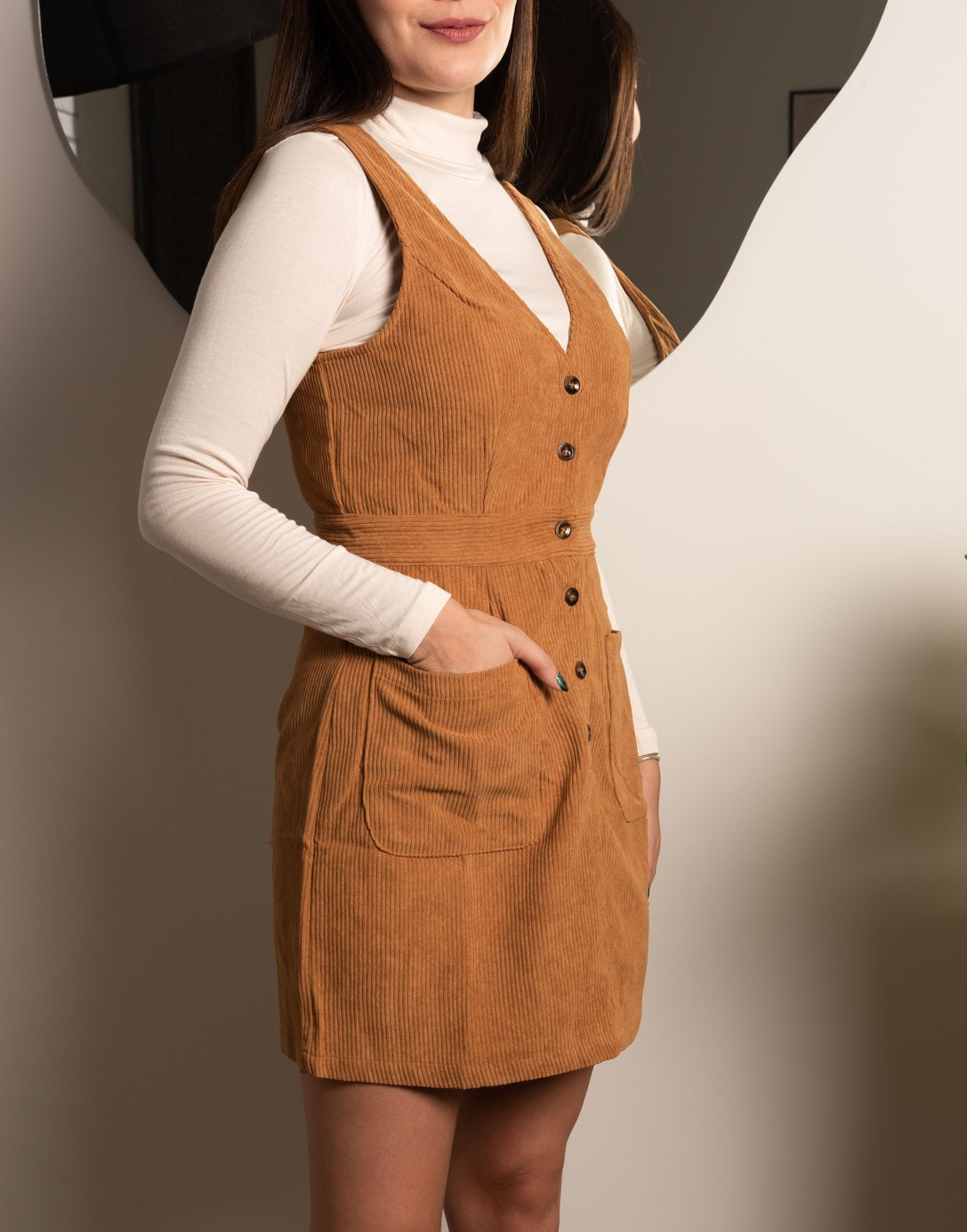 Side view of Button Down Overall Dress.