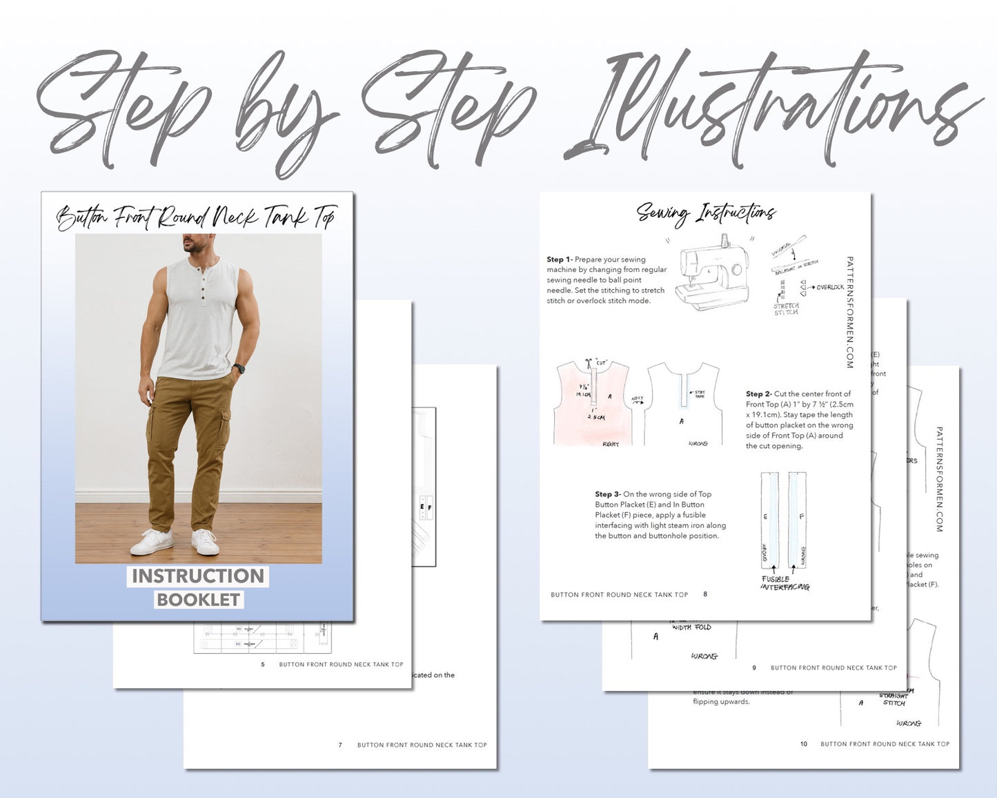 Button Front Round Neck Tank Top sewing pattern instruction booklet showing step by step illustrations to make the garment.