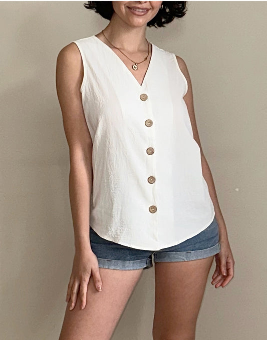 Front view of Button Front Sleeveless Top.