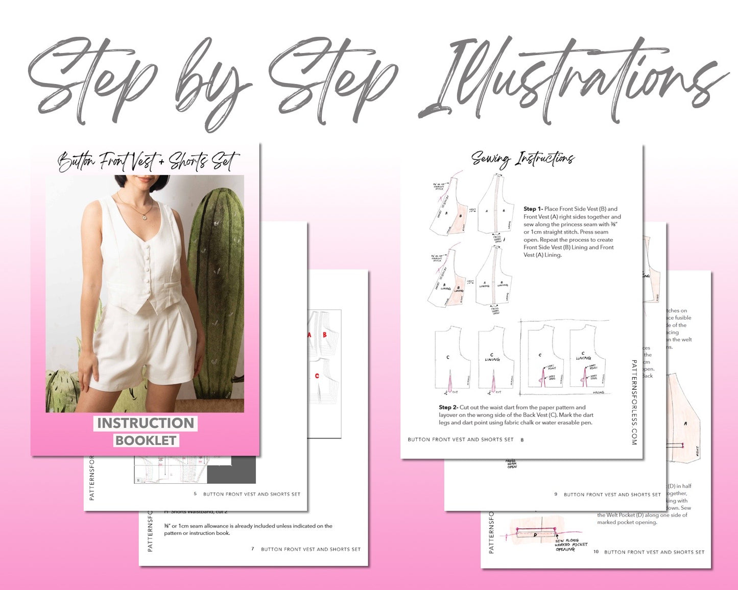 Button Front Vest and Short Set sewing pattern step by step illustrations.