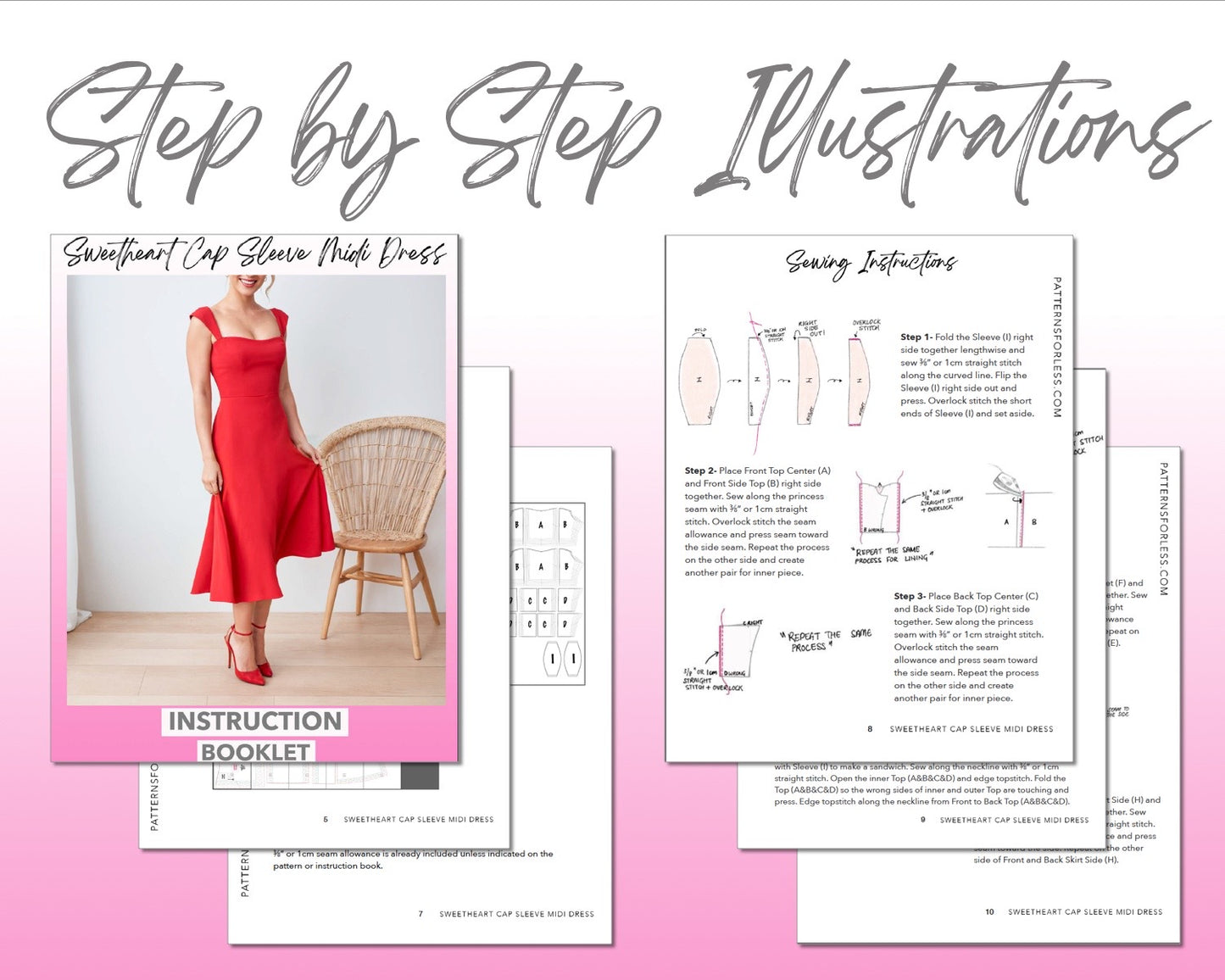 Sweetheart Cap Sleeve Midi Dress sewing pattern step by step illustrations.