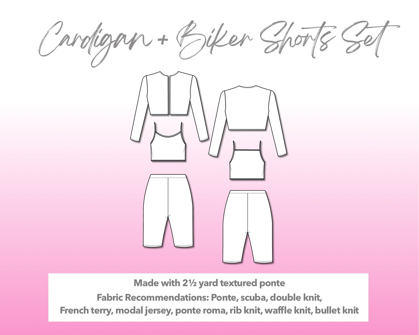 Illustration and detailed description for Cardigan And Biker Shorts Set sewing pattern.