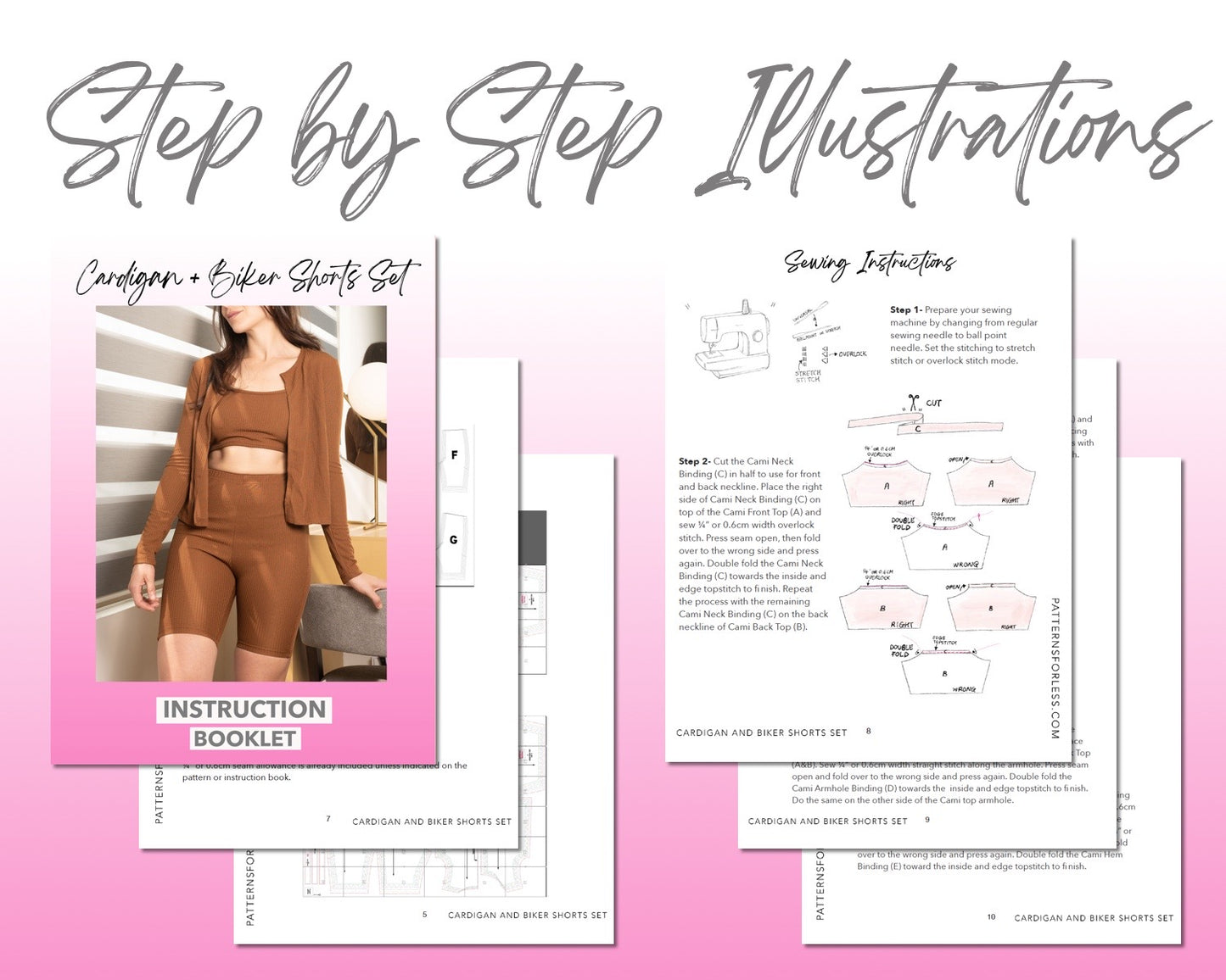 Cardigan And Biker Shorts Set sewing pattern step by step illustrations.