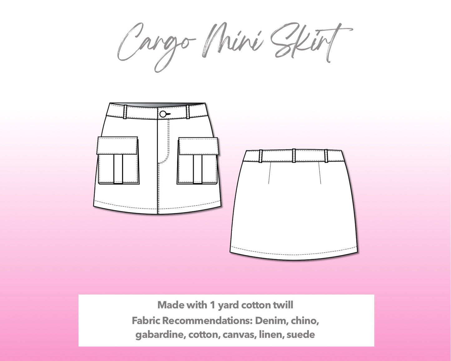 Illustration and detailed description for Cargo Mini Skirt sewing pattern.
