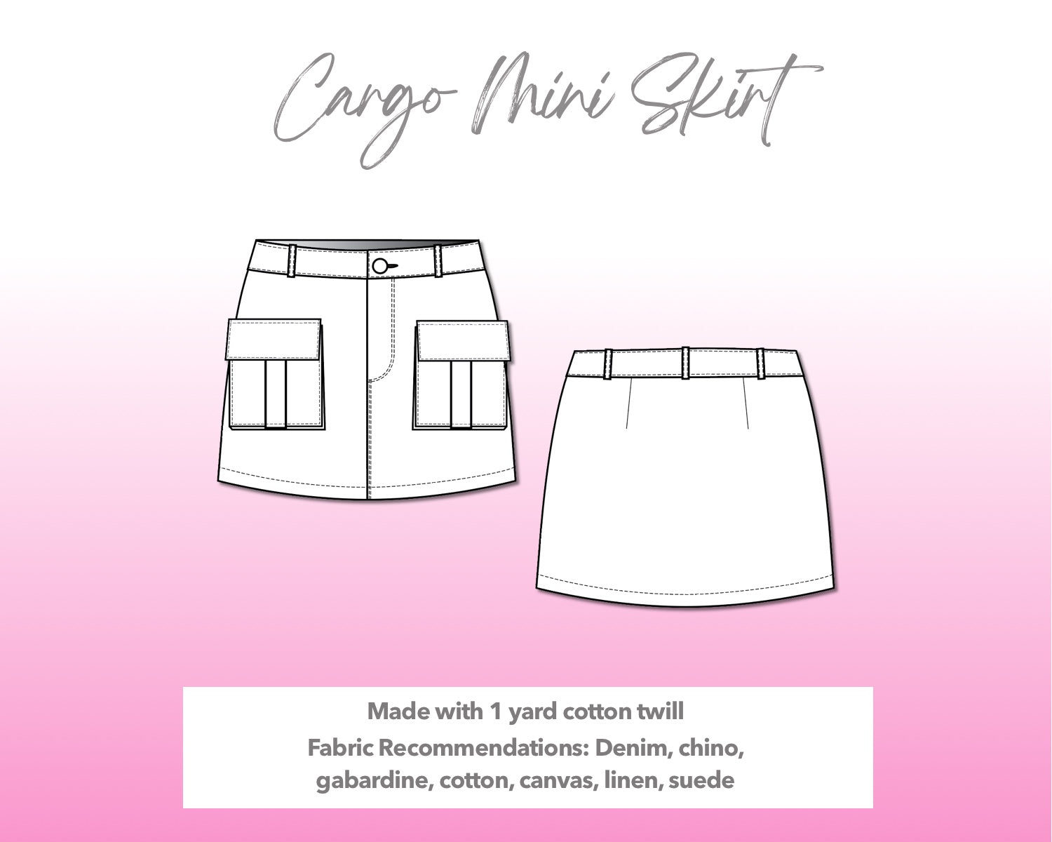Illustration and detailed description for Cargo Mini Skirt sewing pattern.