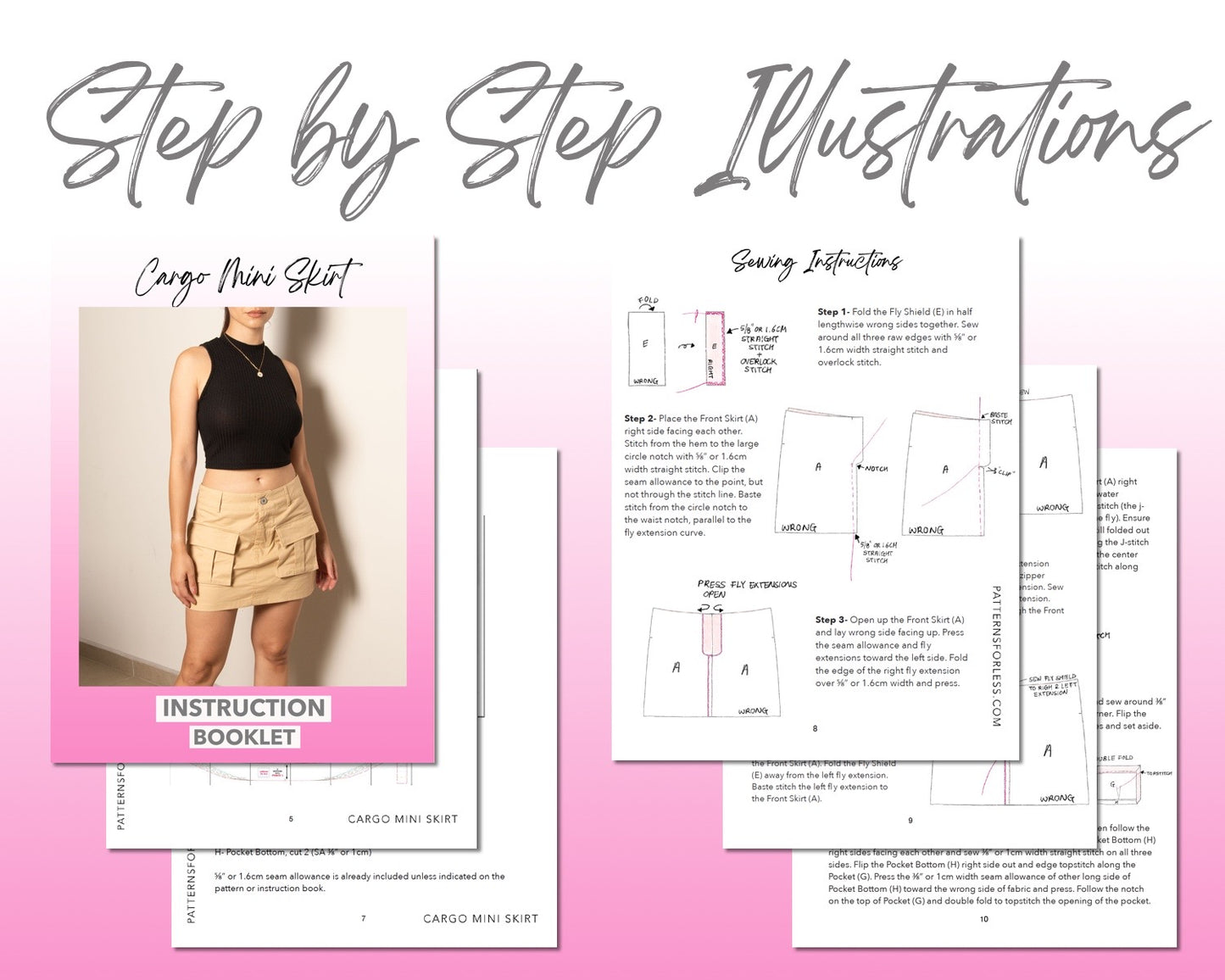 Cargo Mini Skirt sewing pattern step by step illustrations.
