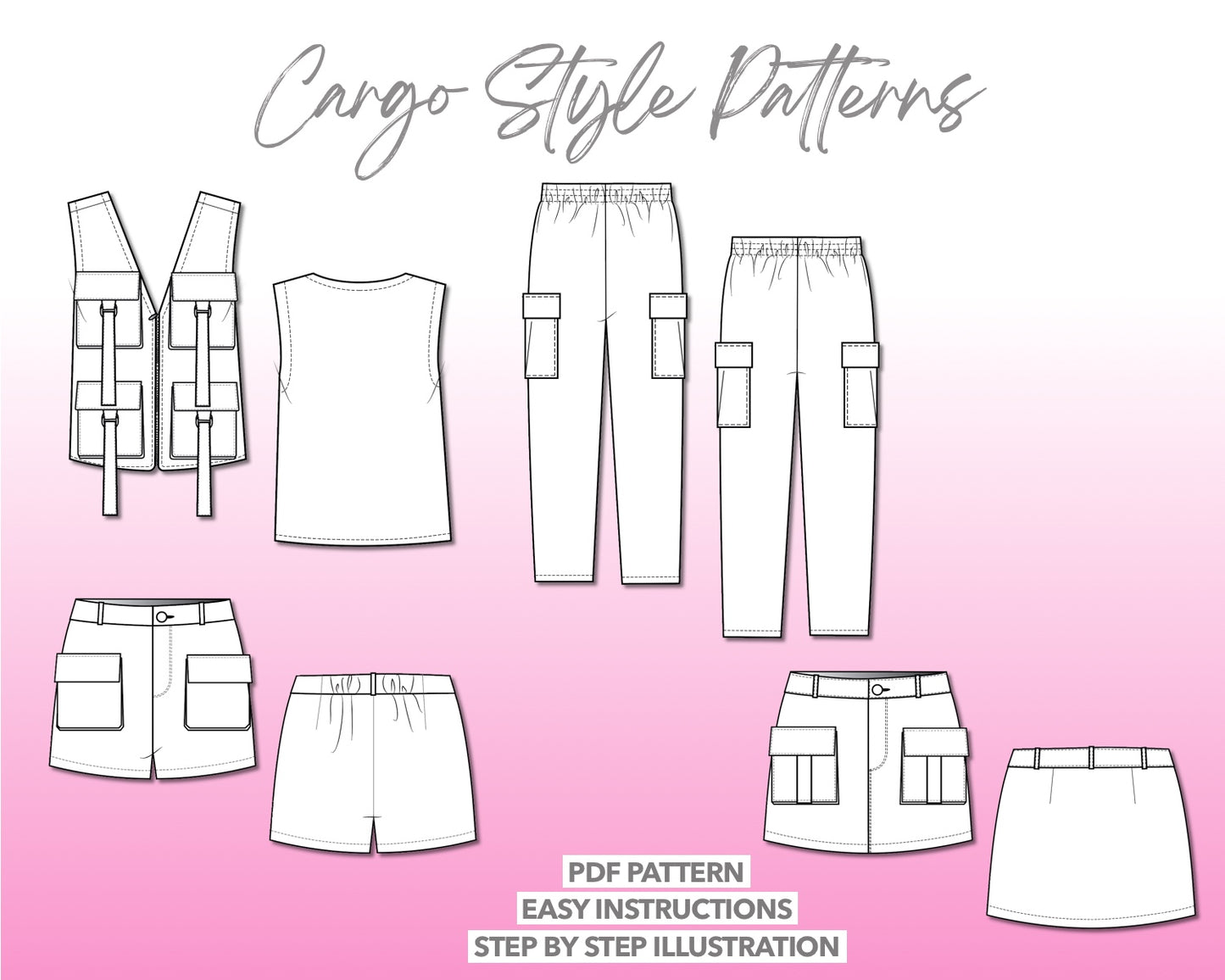Illustration and detailed description for Cargo Pattern Bundle sewing pattern.