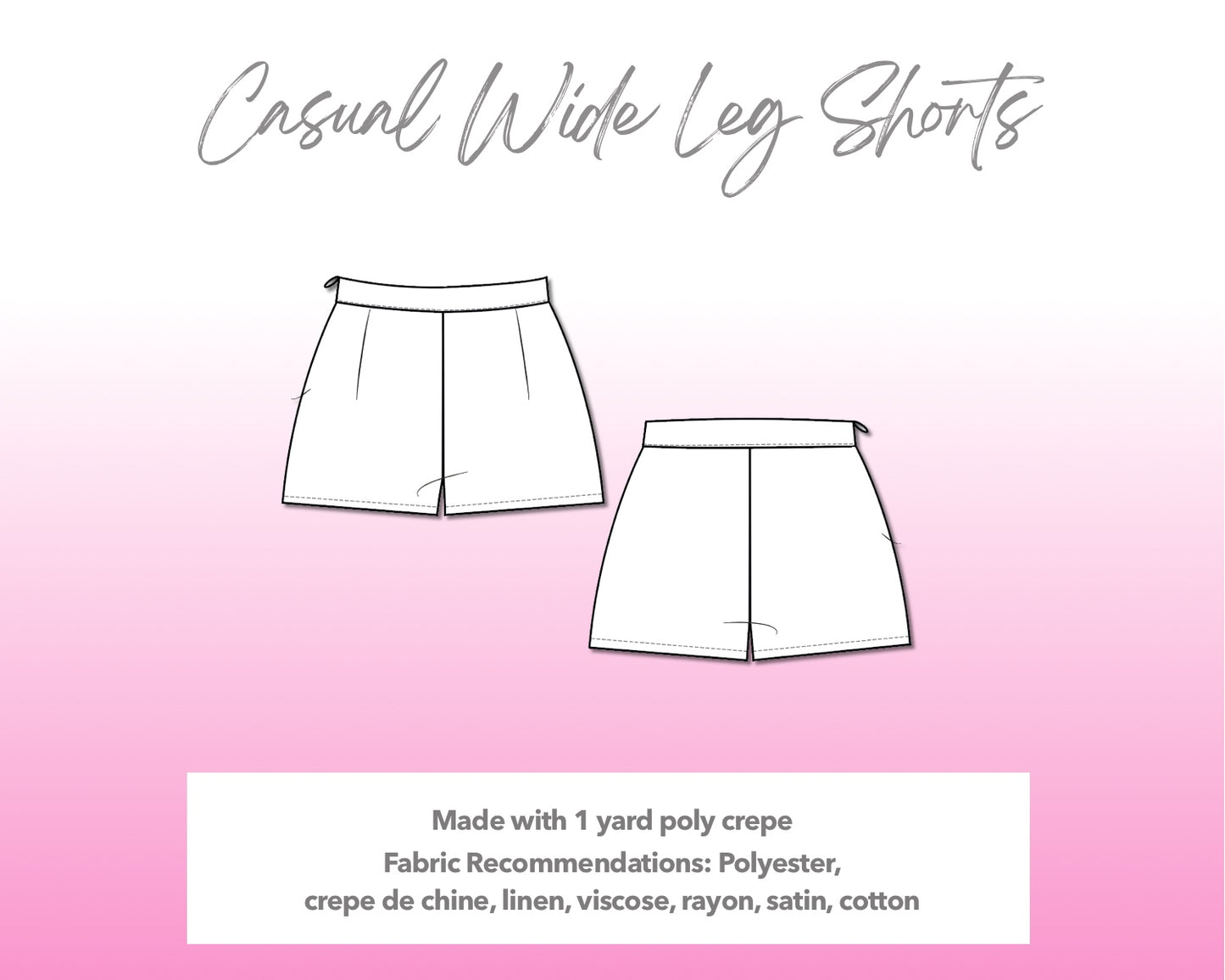 Illustration and detailed description for Casual Wide Leg Shorts sewing pattern.