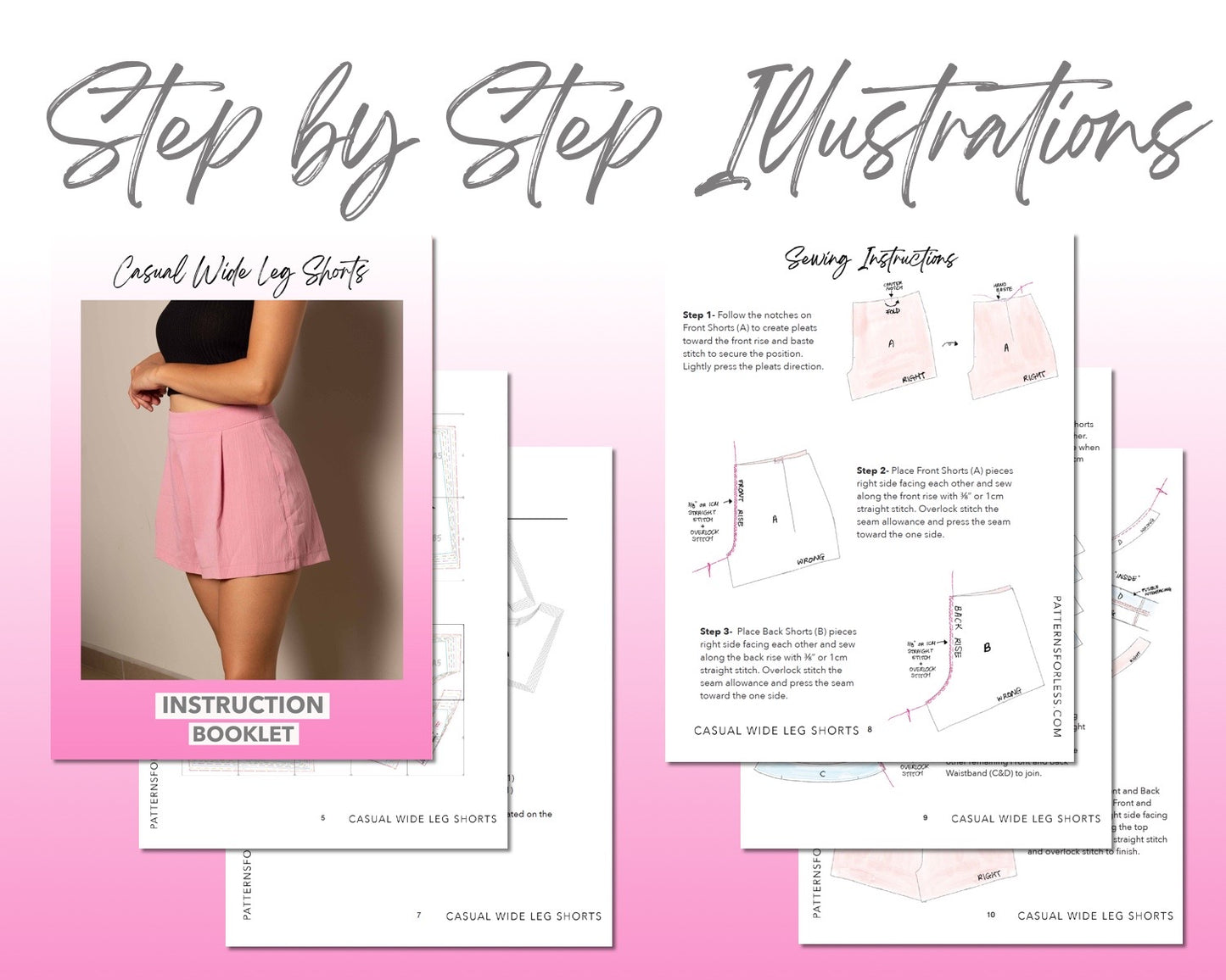 Casual Wide Leg Shorts sewing pattern step by step illustrations.