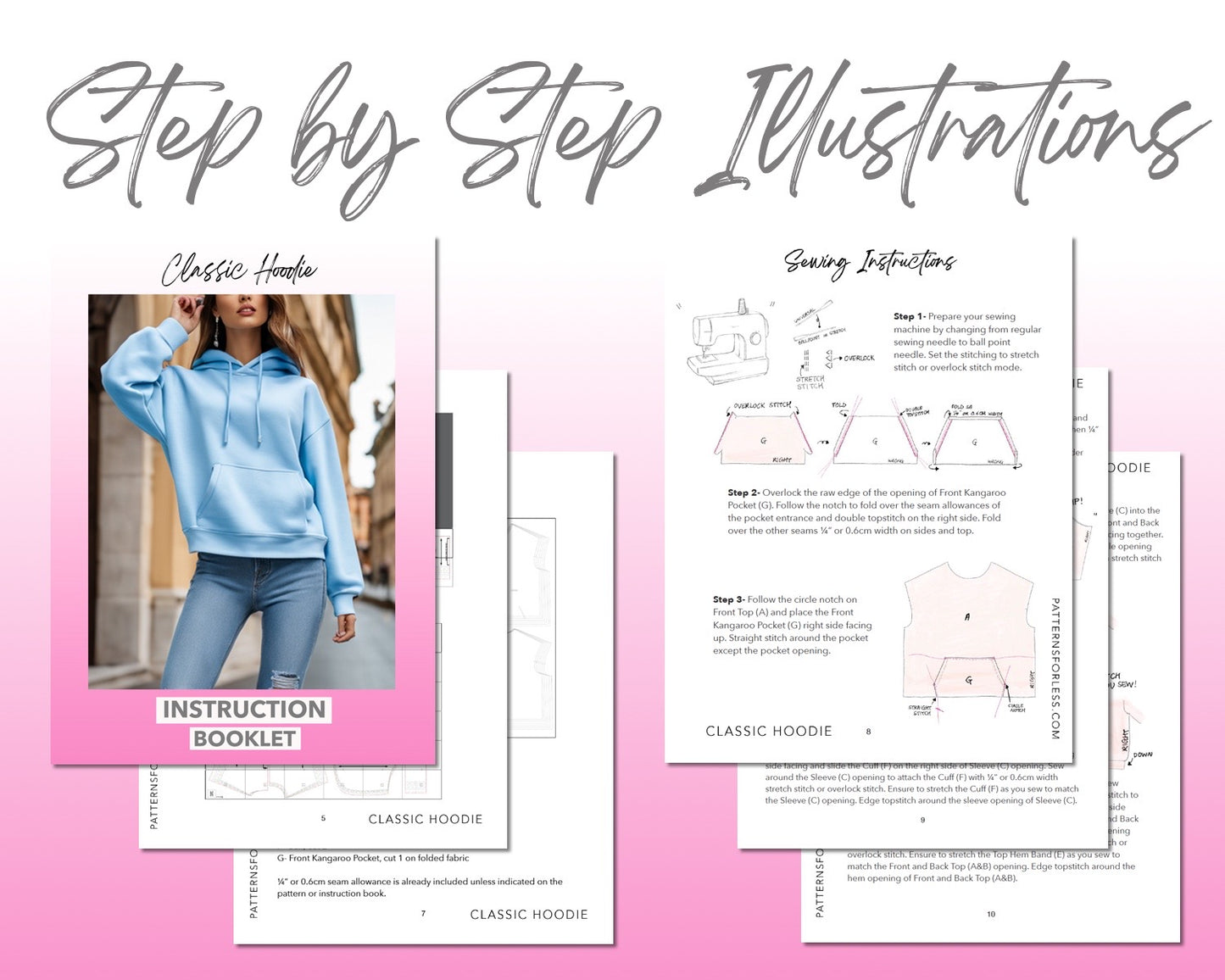 Classic Hoodie sewing pattern step by step illustrations.