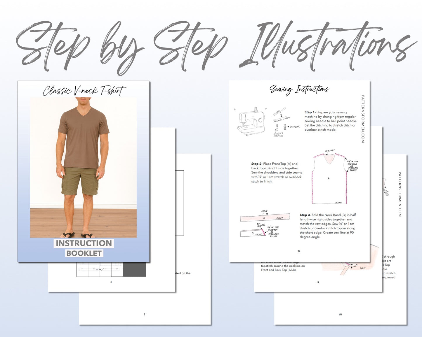 Classic V-Neck T-Shirt sewing pattern instruction booklet showing step by step illustrations to make the garment.