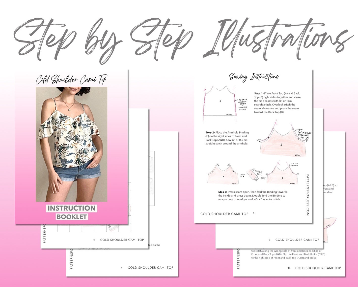 Cold Shoulder Cami Top sewing pattern step by step illustrations.
