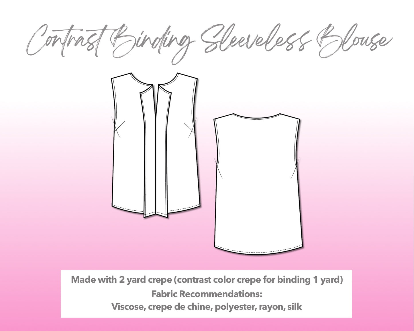 Illustration and detailed description for Contrast Binding Sleeveless Blouse sewing pattern.