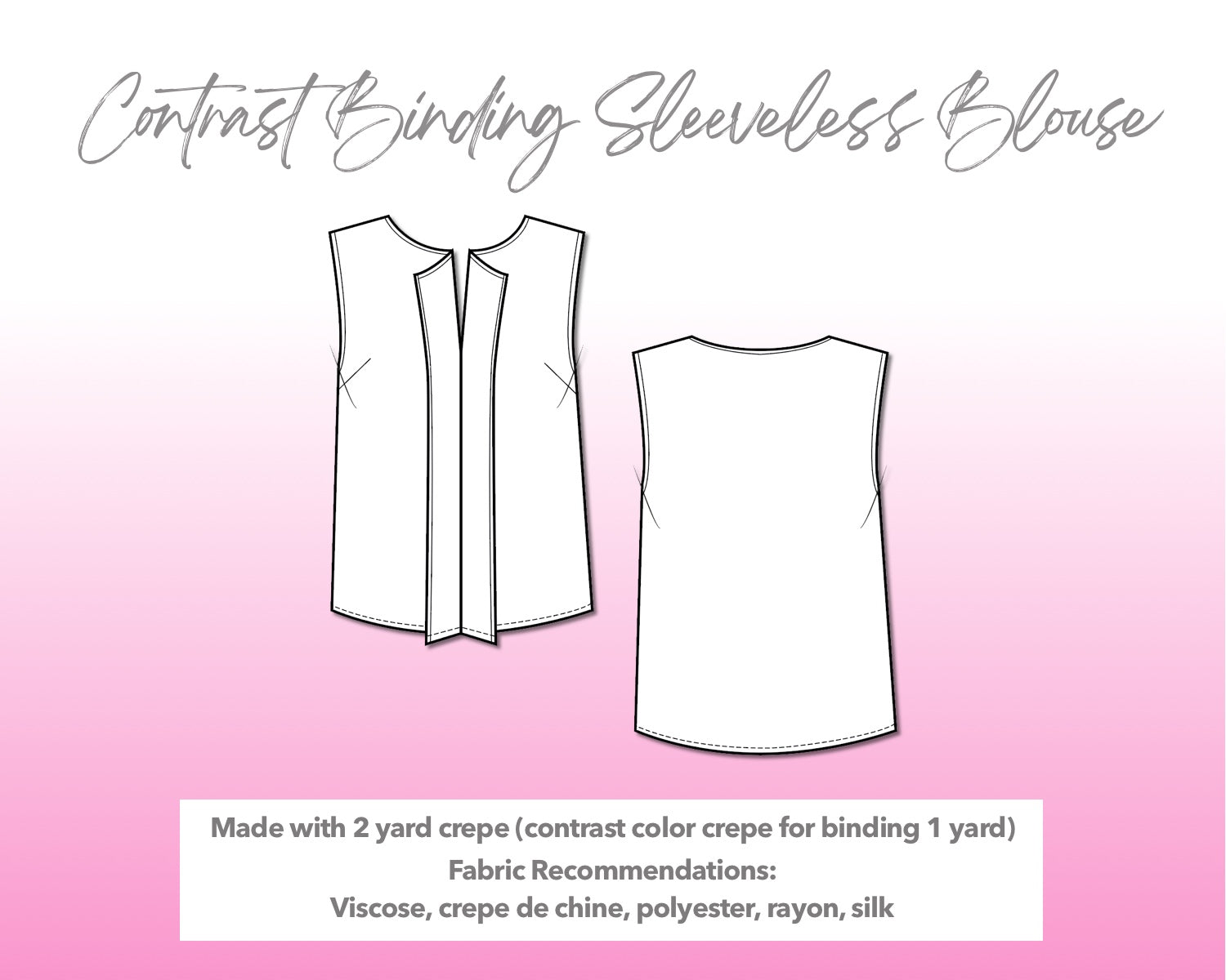 Illustration and detailed description for Contrast Binding Sleeveless Blouse sewing pattern.