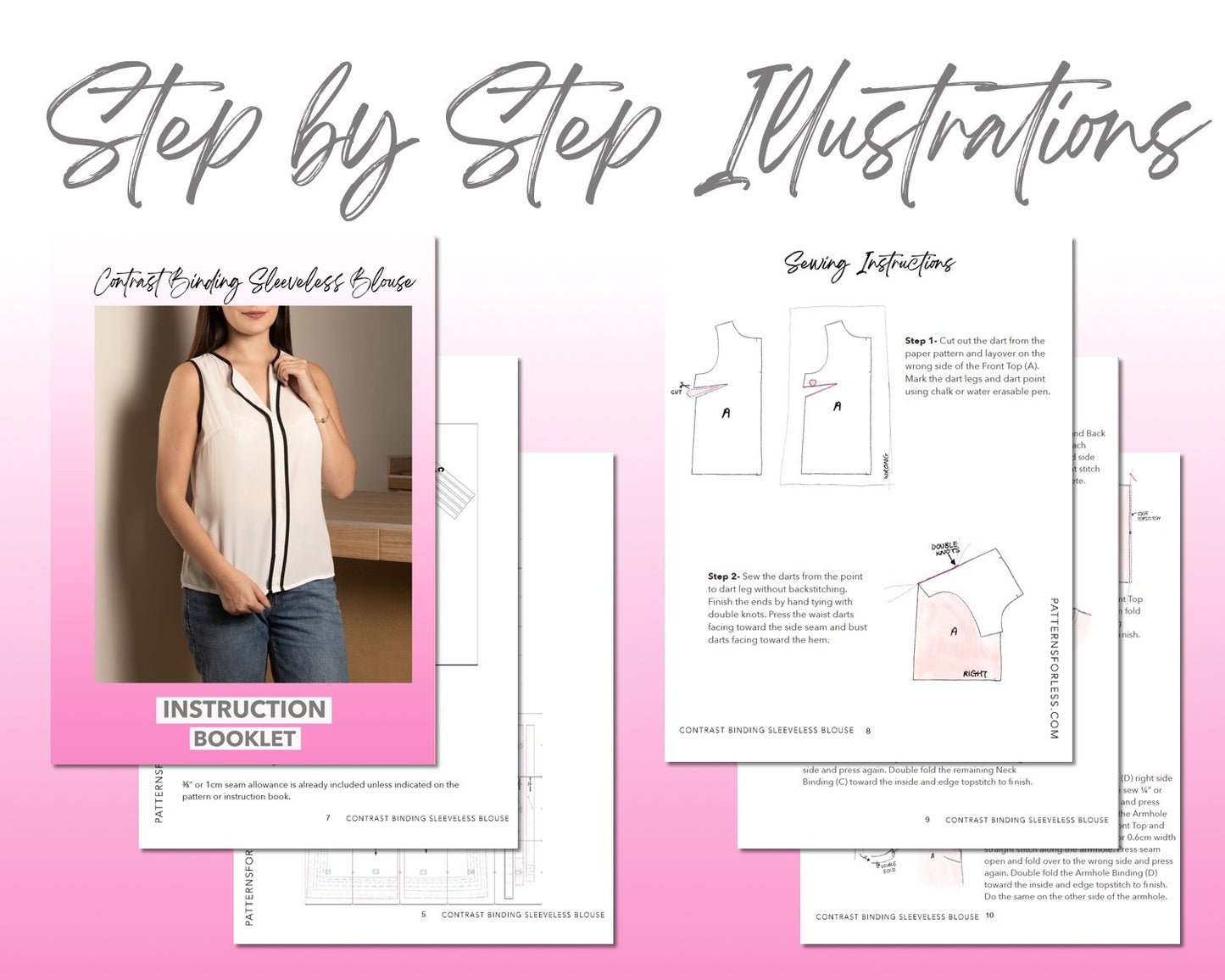 Contrast Binding Sleeveless Blouse sewing pattern step by step illustrations.
