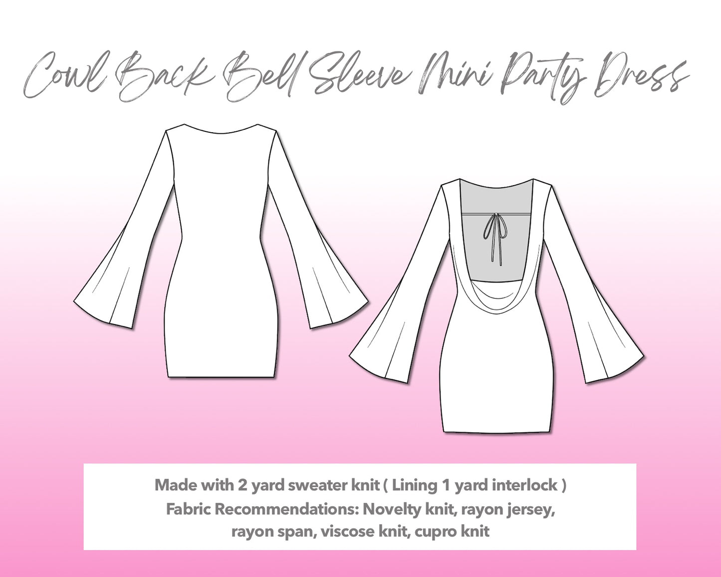Illustration and detailed description for Cowl Back Bell Sleeve Mini Party Dress sewing pattern.