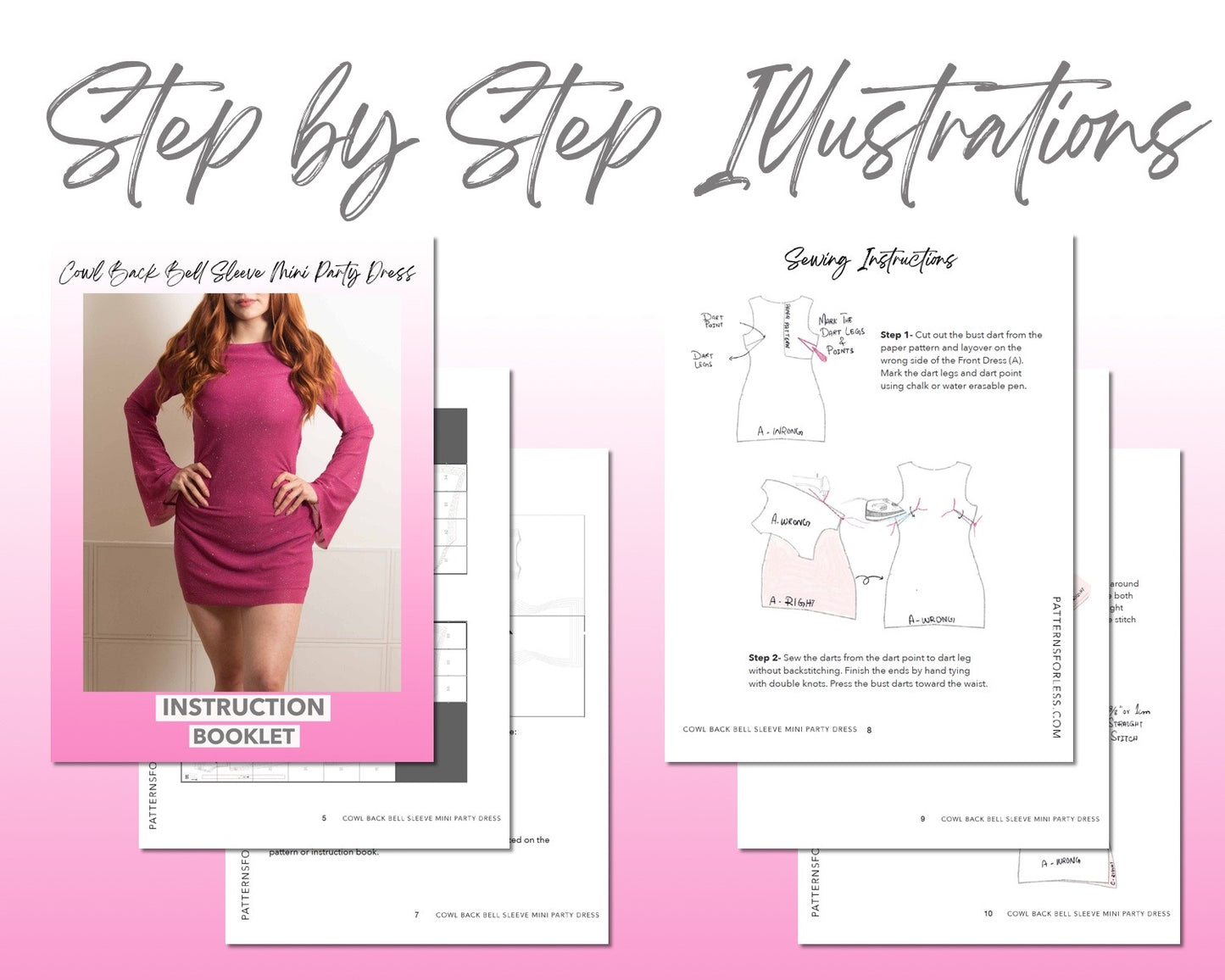 Cowl Back Bell Sleeve Mini Party Dress sewing pattern step by step illustrations.
