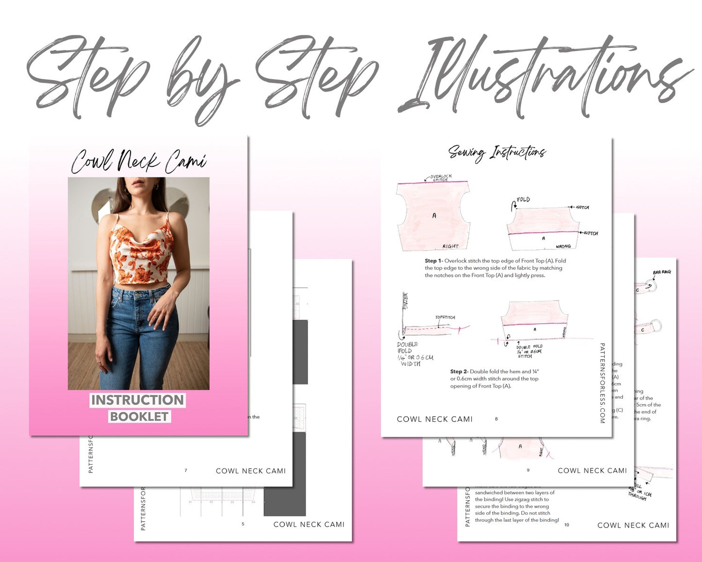 Cowl Neck Cami sewing pattern step by step illustrations.