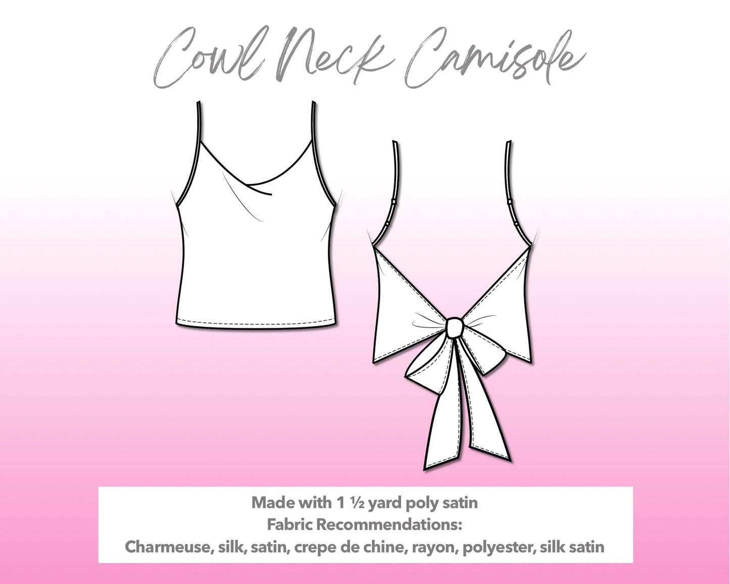 Illustration and detailed description for Cowl Neck Cami sewing pattern.