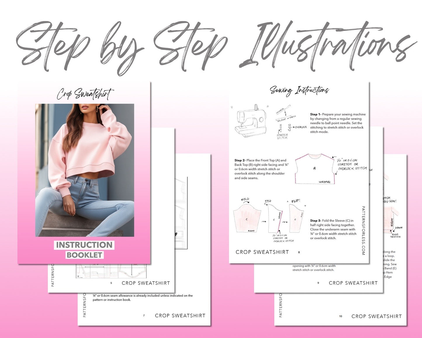 Crop Sweatshirt sewing pattern step by step illustrations.